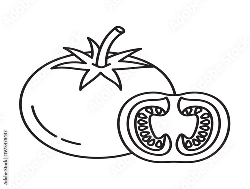 Title simple line drawing of a tomato whole and cross sectional view description a black and white line art illustration depicts a tomato