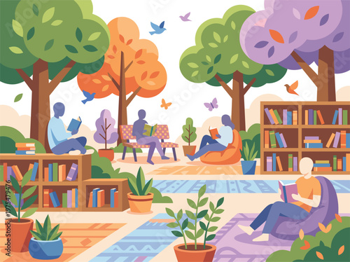 Colorful Illustration Community Gathering Outdoor Park With Books Pets And Trees