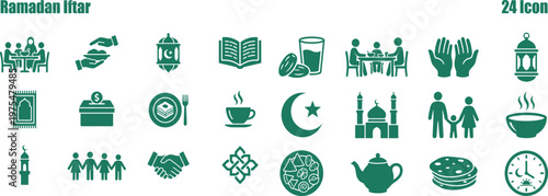Islamic cultural symbols illustrating Ramadan Iftar meal traditions, prayers, and family gatherings