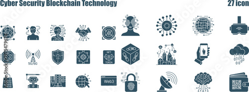 Modern icons representing cyber security, blockchain technology, digital assets, data protection, and internet networking solutions