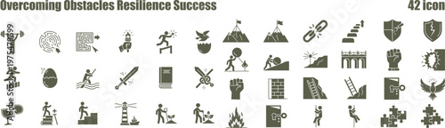 Motivational set of challenge and triumph symbols for personal growth and perseverance concepts