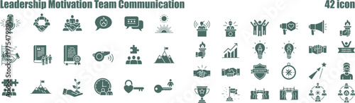 Set of flat glyph icons representing leadership, motivation, and effective team communication concepts