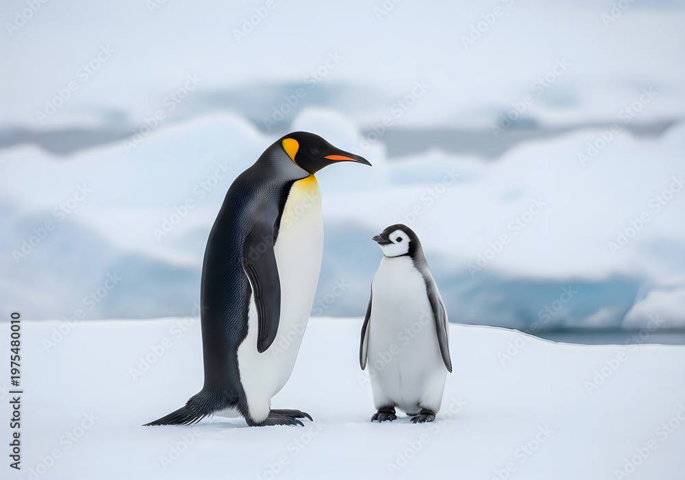 Obraz premium Gentoo penguin and chick standing on icy landscape
