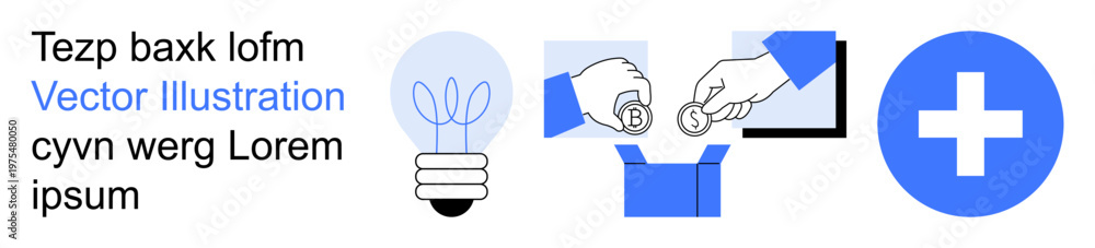Fototapeta premium Charity, health services, innovation, donation, medical aid, philanthropy. Hand placing coin into donation box, lightbulb cross symbol. Charity and health services concept