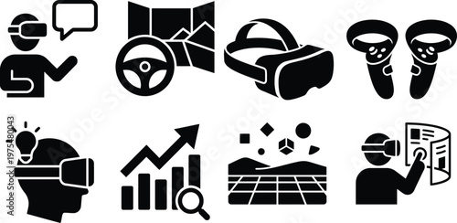 Set of virtual reality and augmented experience icons showing digital interaction and immersive technology