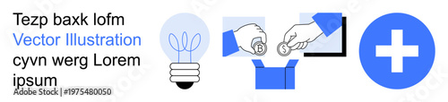 Charity, health services, innovation, donation, medical aid, philanthropy. Hand placing coin into donation box, lightbulb cross symbol. Charity and health services concept