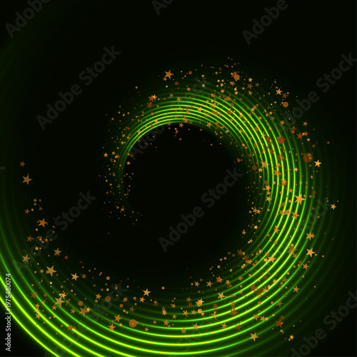 Glowing neon green spiral lines and shiny sparkling stars abstract background. Retro laser luxury abstraction. Bright luminous vector backdrop