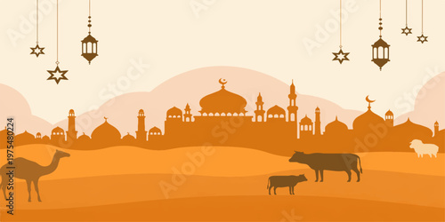 A cartoon vector illustration of a camel silhouette walking through an orange desert landscape with sand dunes and mountains under a yellow sunset sky
