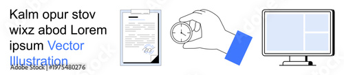 Time management, business planning, workflow efficiency, document authentication, tracking progress, productivity tools. A document, a stopwatch and a computer monitor. Time management and business