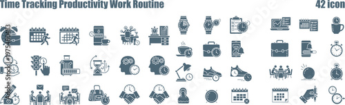 Vector icon set illustrating various concepts of time tracking, work productivity, and routine management tasks