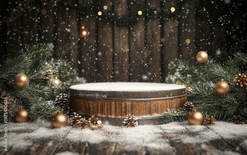 Snow-covered rustic round podium with pine sprigs and gold ornaments, set against wooden backdrop