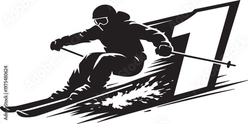 Black silhouette illustration of a woman skier on a snowboard and ski lift designed as a sport vector art icon