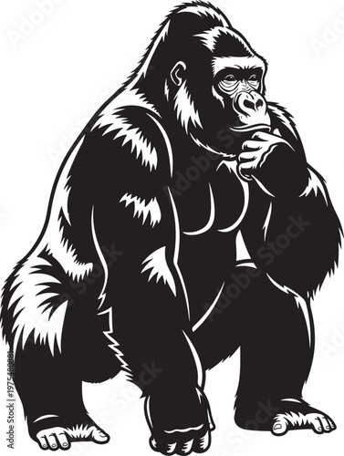 Gorilla vector illustration in black and white, powerful silverback ape mascot, thinking primate sitting in contemplative pose, wild animal graphic