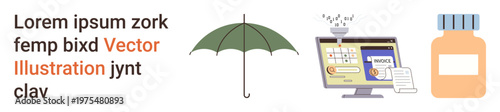 Online security, digital protection, health care, pharmaceutical services, data privacy, weather safety. an umbrella, computer screen with lock and medicine bottle. Online security and health care