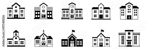 School building glyph set, outline style, featuring symmetrical facade, door, window, and flag, professional vector design