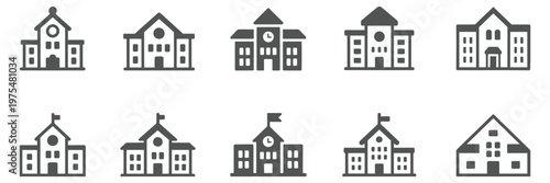 School building glyph set, outline style, featuring symmetrical facade, door, window, and flag, professional vector design