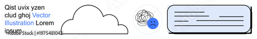Stress management, mental health, emotional well-being, therapy, anxiety relief, burnout recovery. A cloud, scribbled thought and sad face icon. Stress management and mental health conceptual design