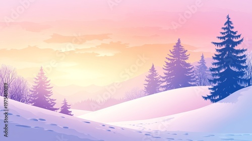Serene winter landscape with snow-covered hills, silhouetted trees, and a vibrant pastel sunset sky