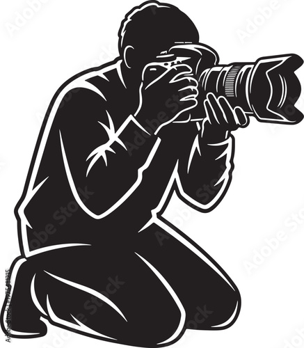 Professional photographer silhouette vector, kneeling cameraman with digital dslr camera, black and white photography logo icon