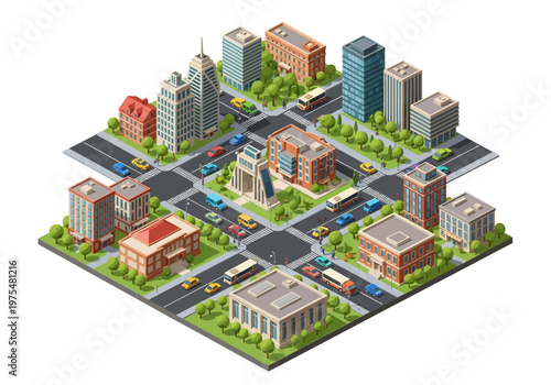 Isometric view of a bustling city with skyscrapers, streets, cars, and buildings, showcasing urban development