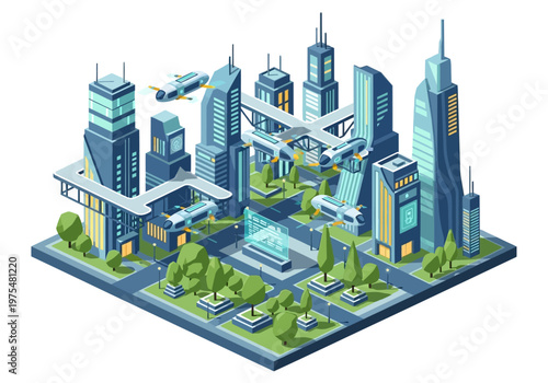 Futuristic cityscape with flying vehicles and advanced technology, representing innovation and urban development