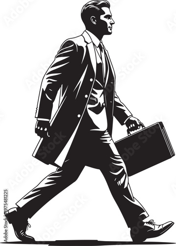 Vintage style businessman walking with briefcase, retro executive man in suit vector illustration, black and white professional male silhouette