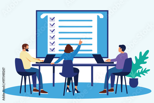 Team meeting with a presentation and checklist on a large screen