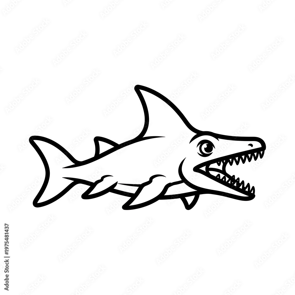 Fototapeta premium Cartoon Shark Outline Illustration for Coloring Page.