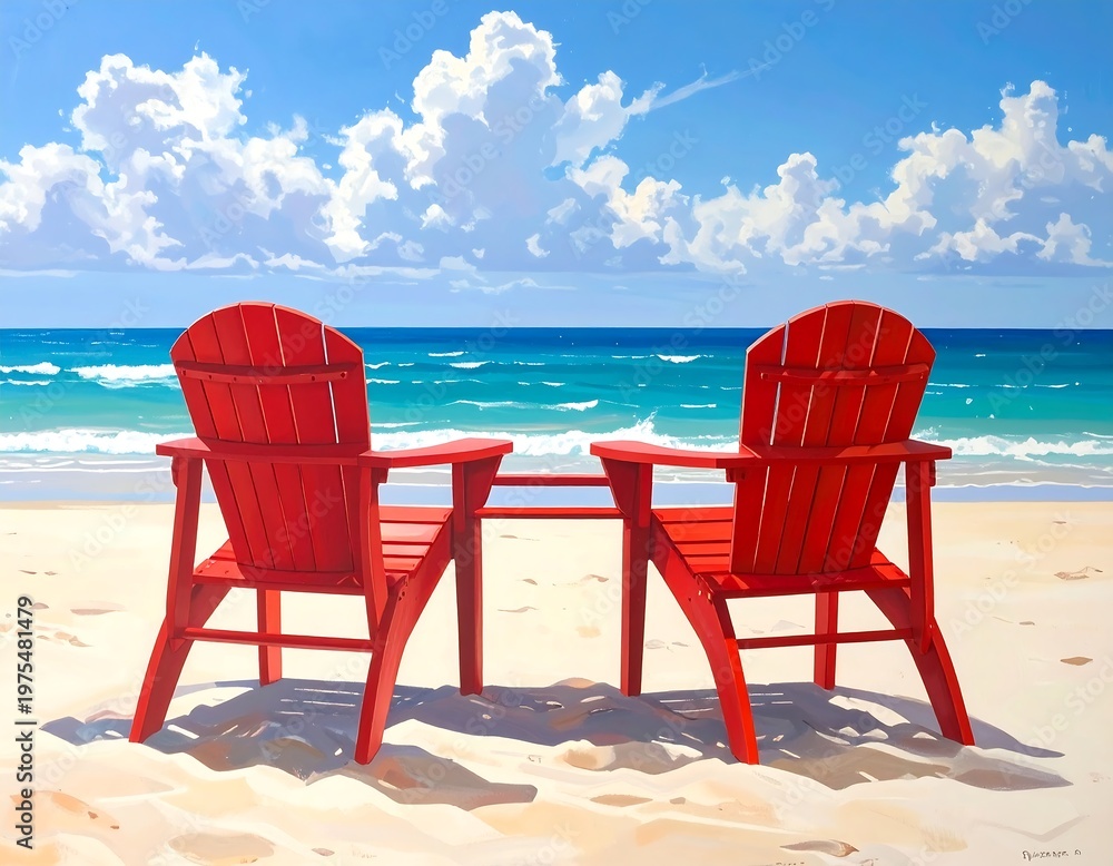 © Ami - Two red beach chairs on a sandy shore facing the ocean © Ami - Two red beach chairs on a sandy shore facing the ocean