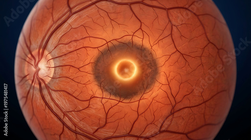 Detailed Human Retina with Glowing Fovea and Macula. Medical illustration of eye anatomy, optic disc and intricate blood vessels.