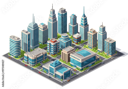 Isometric city view with modern skyscrapers and office buildings, urban landscape illustration