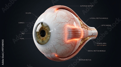 Detailed 3D Human Eye Anatomy with Labels. Medical Illustration of Vision Organ, Muscles, and Optic Nerve