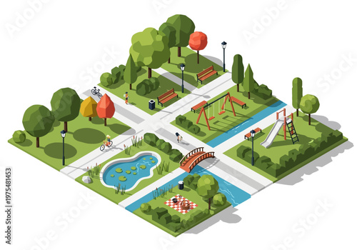 Isometric view of a vibrant city park with diverse recreational activities and lush greenery