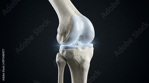Detailed 3D rendering of healthy human knee joint anatomy with highlighted cartilage, medical illustration on dark background