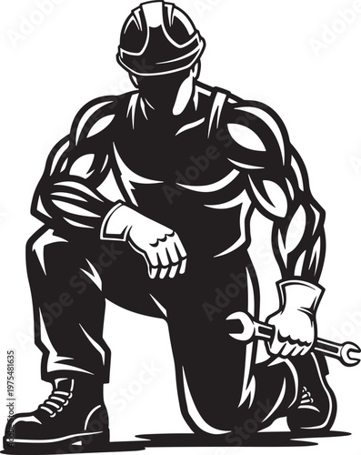 Muscular construction worker vector illustration, strong handyman kneeling with wrench, industrial repairman mascot in hard hat and workwear