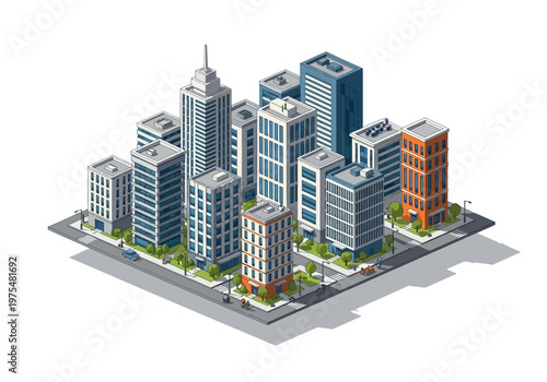 Isometric 3D cityscape illustration featuring a cluster of modern office buildings and skyscrapers