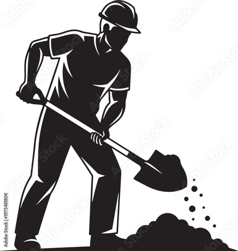 Construction worker silhouette with shovel, manual laborer digging ground vector illustration, industrial builder in hard hat working on site
