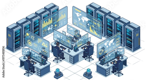 Isometric 3D illustration features a military headquarters with individuals planning in a secure facility, surrounded by server racks and multiple monitors displaying data, rendered
