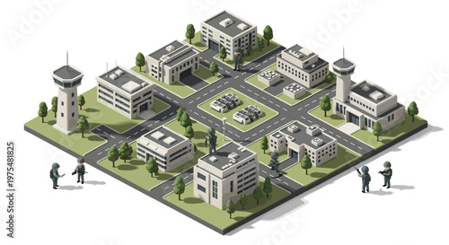 Isometric 3D illustration showing a detailed military base design with barracks, headquarters, and control towers, rendered in a neutral color palette on a white background