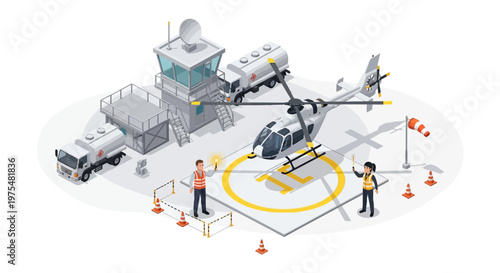 Isometric 3D illustration depicting a military base for planning, featuring a helicopter on a landing pad, fuel trucks, and a control tower on a white background with orange cones