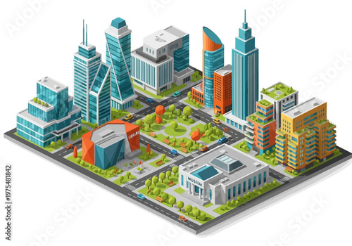 Isometric city illustration featuring modern skyscrapers, buildings, and green spaces in a metropolitan landscape