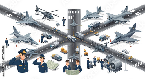 Isometric 3D illustration depicting a detailed military base with planes, helicopters, and various vehicles arranged on runways, showcasing strategic planning and logistics in a vibrant