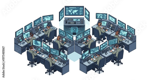 Isometric vector illustration of a 3D military headquarters with personnel planning strategy while monitoring multiple computer screens displaying global maps, set against a clean white