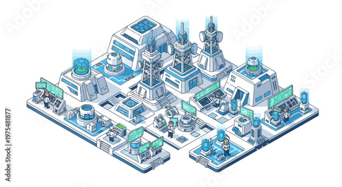 Isometric 3D illustration showcasing a futuristic military base design, complete with barracks, headquarters, and strategic planning elements, rendered in a clean vector style