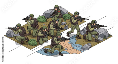 Fotografia Isometric 3D illustration shows a military planning session in an army camp with