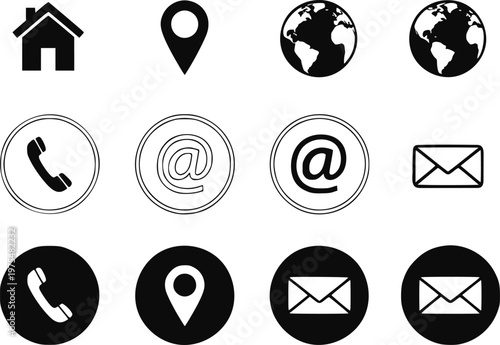 Photos Set of black and white contact including house, map pin, globe, phone, email, an