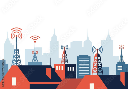 Telecommunication towers with signal waves above a city skyline, illustrating wireless connectivity