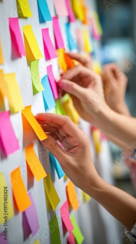 Hands Placing Colorful Sticky Notes on a Wall for Organization Activity