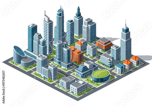 Isometric city skyline with modern skyscrapers and urban infrastructure