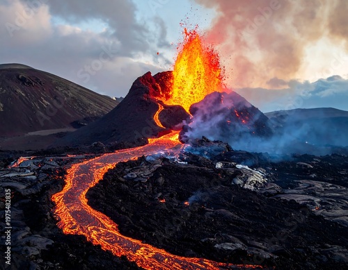 Active volcano erupting lava and smoke at dusk, flowing downhill